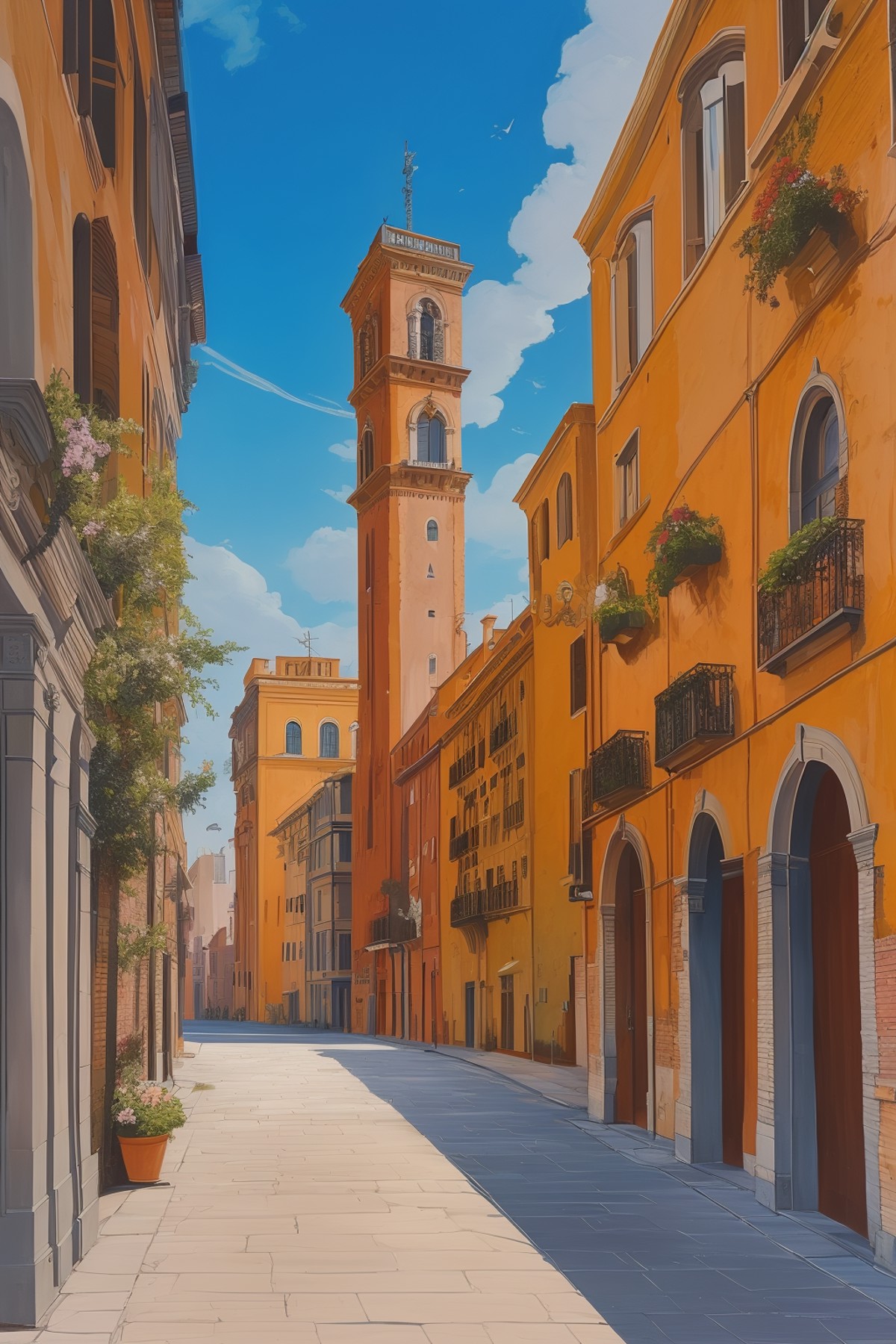 masterpiece,best quality,<lora:tbh117-:0.8>,street,building ,illustration painting ,style of Sandro Botticelli